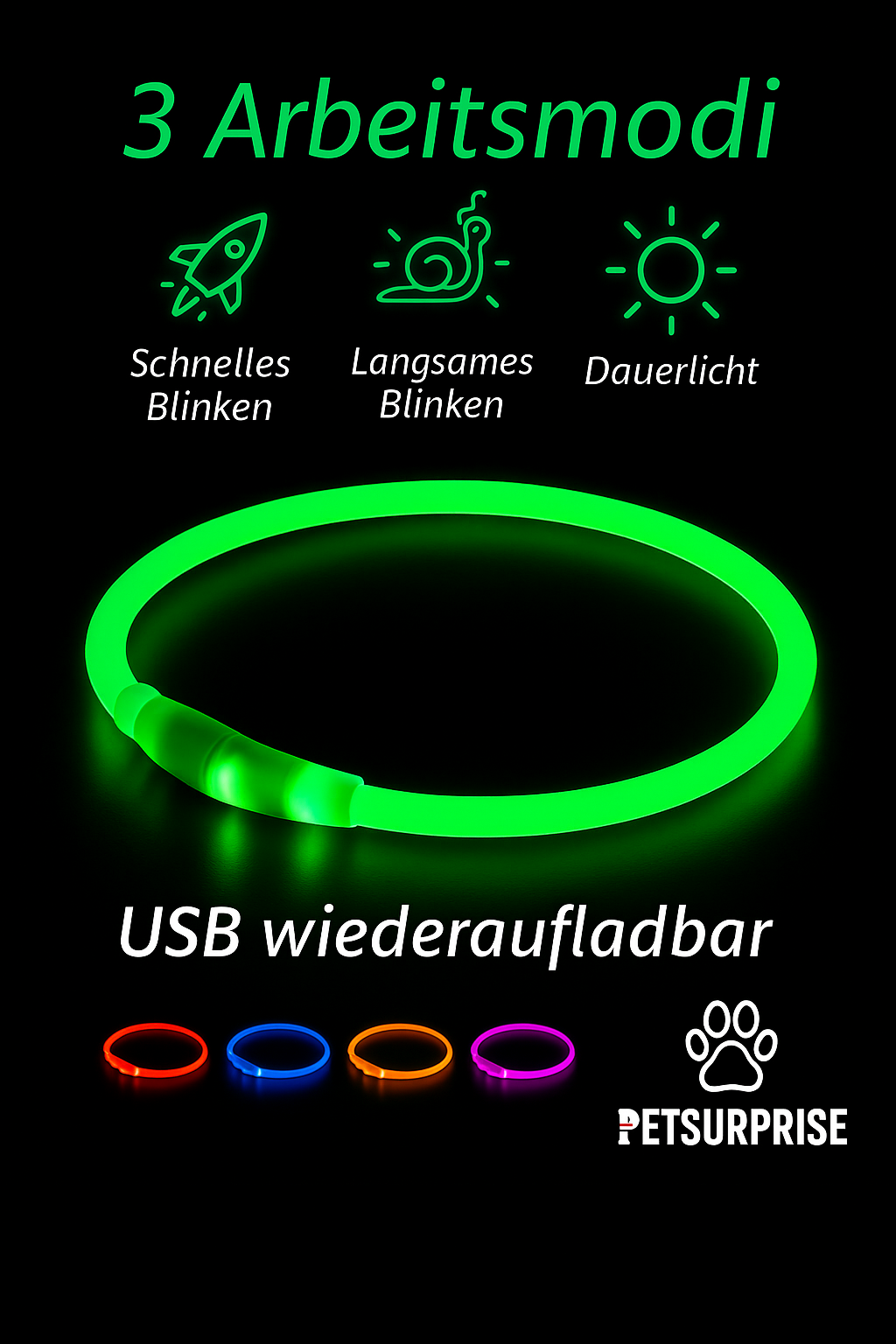 LED-Hundehalsband, USB wiederaufladbar – 3 Leuchtmodi