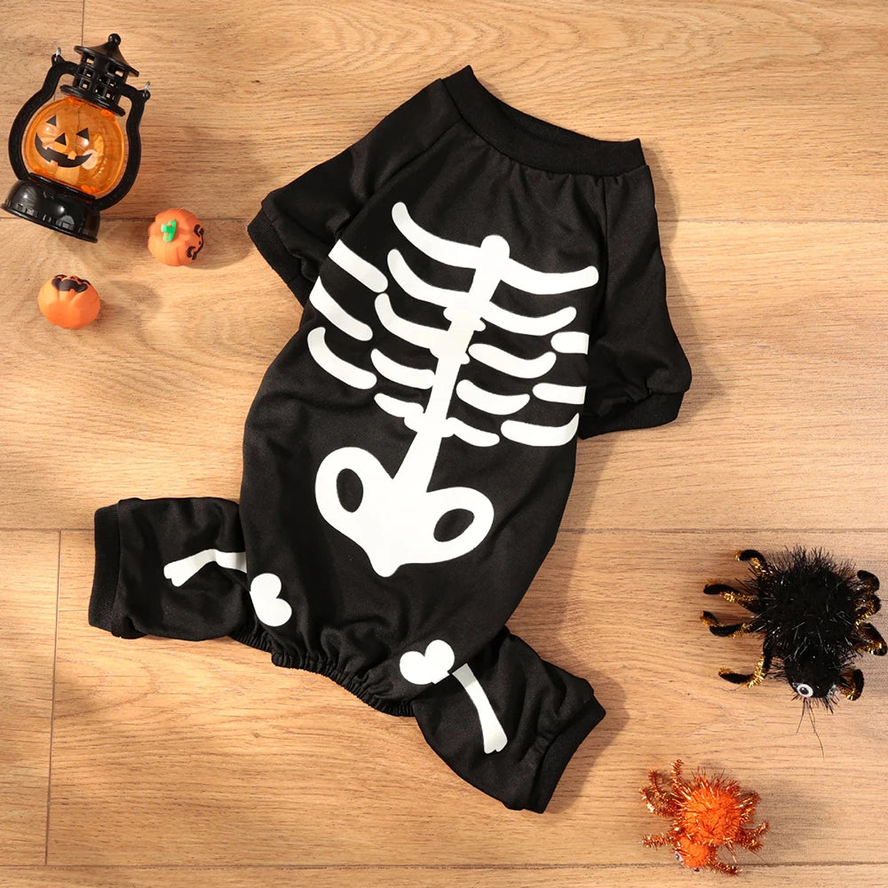 Leuchtendes Halloween-Haustierkostüm – Skelett-Jumpsuit für Hunde & Katzen – Vierbeiniger Overall mit Kapuze