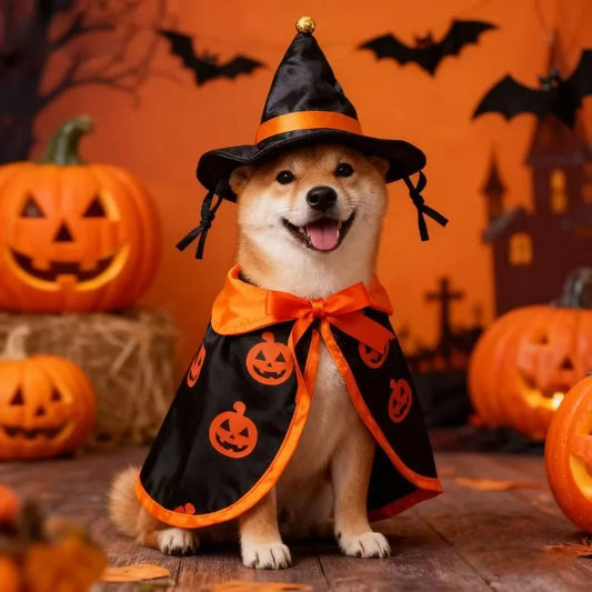 🎃🐶 Halloween-Umhang mit Hut für Hunde – Kürbis-Kostüm für kleine & mittelgroße Hunde