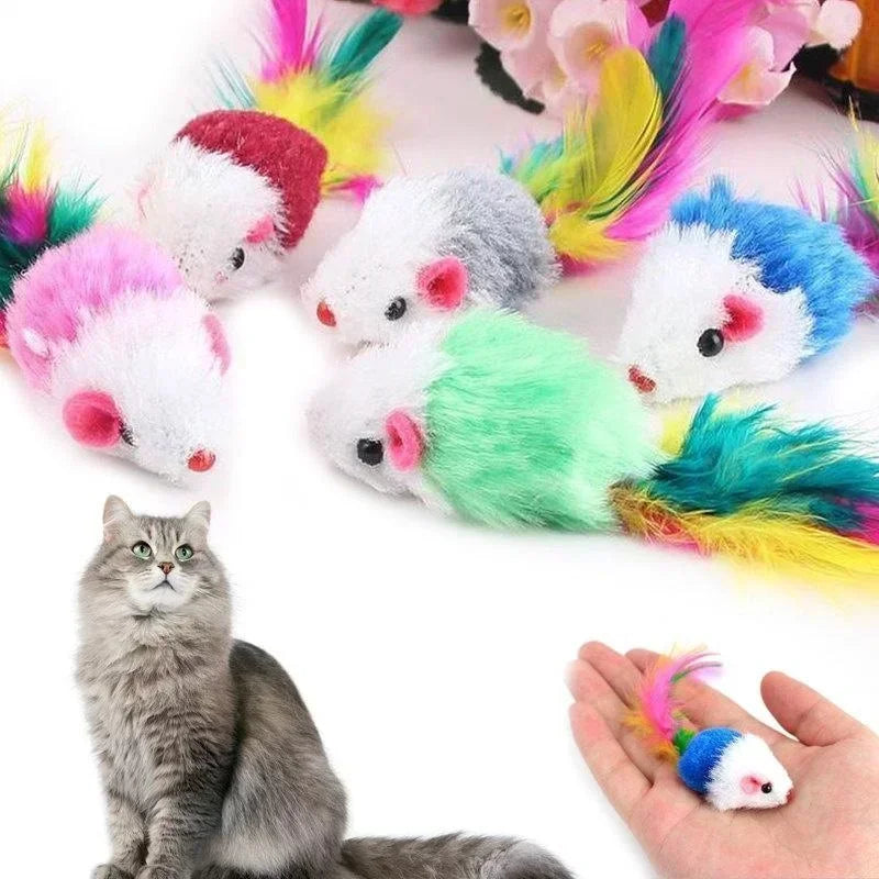 5er-Set Bunte Katzen-Spielzeugmäuse mit Federschwanz – Interaktives Plüsch-Spielzeug für Katzen & Kätzchen