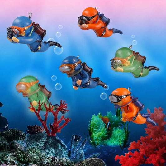 Aquarium Deko Mini-Taucher mit Schwimmkugel – Harz-Ornament, fluoreszierend, inkl. 40 cm Schnur