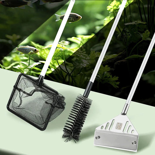 Aquarium Algenreiniger – Edelstahl & Aluminium Schaber | 3-in-1 Glasreiniger mit Klinge, Bürste & Netz