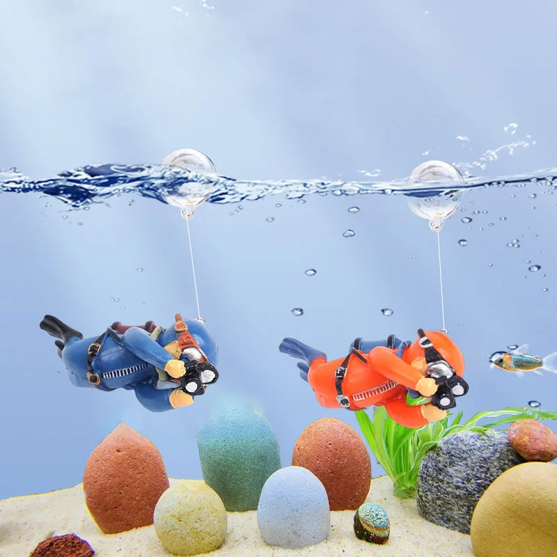 Aquarium Deko Mini-Taucher mit Schwimmkugel – Harz-Ornament, fluoreszierend, inkl. 40 cm Schnur