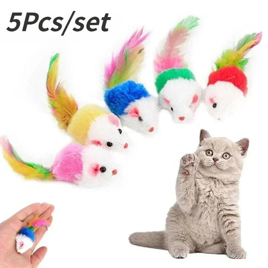 5er-Set Bunte Katzen-Spielzeugmäuse mit Federschwanz – Interaktives Plüsch-Spielzeug für Katzen & Kätzchen