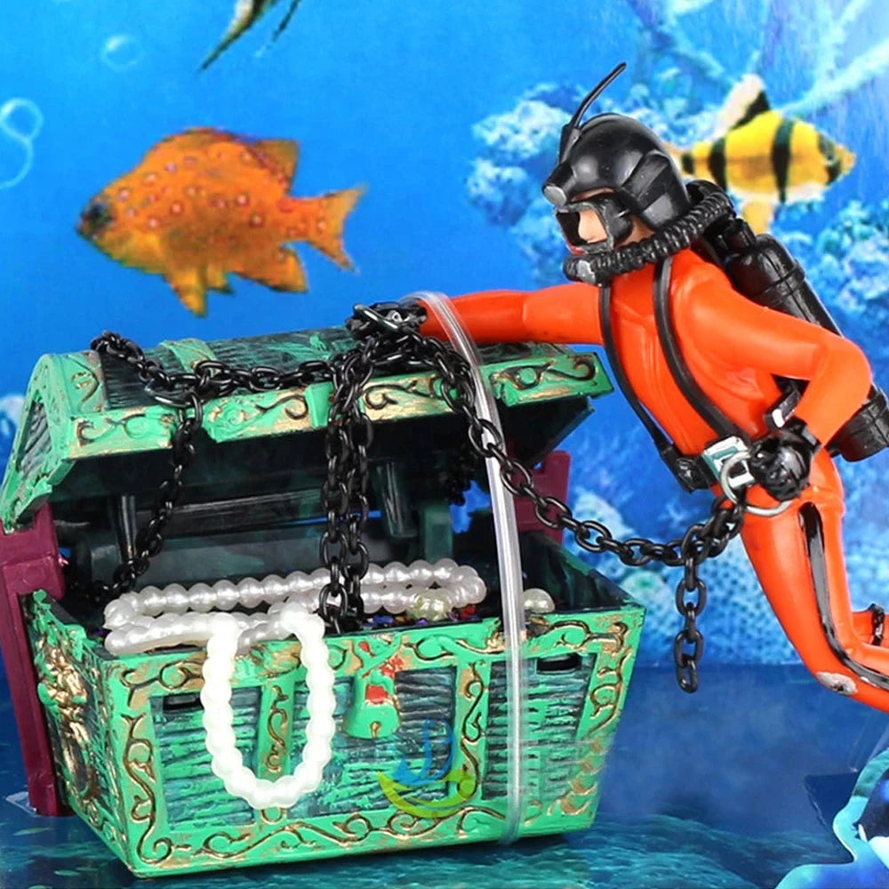 Aquarium-Dekoration Schatztruhe mit Taucher – Luftblasen-Ornament für Aquarien & Fischbecken