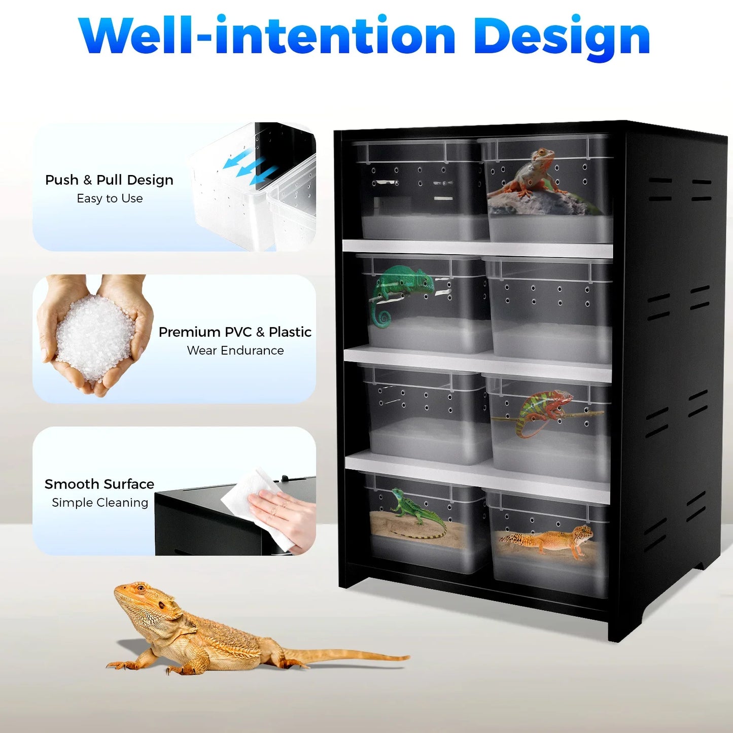 Reptilien-Zuchtterrarium mit 8 Boxen – Inklusive 25W Heizmatte & Thermometer | Platzsparendes Aufzucht-Cabinet für Spinnen, Echsen & kleine Reptilien