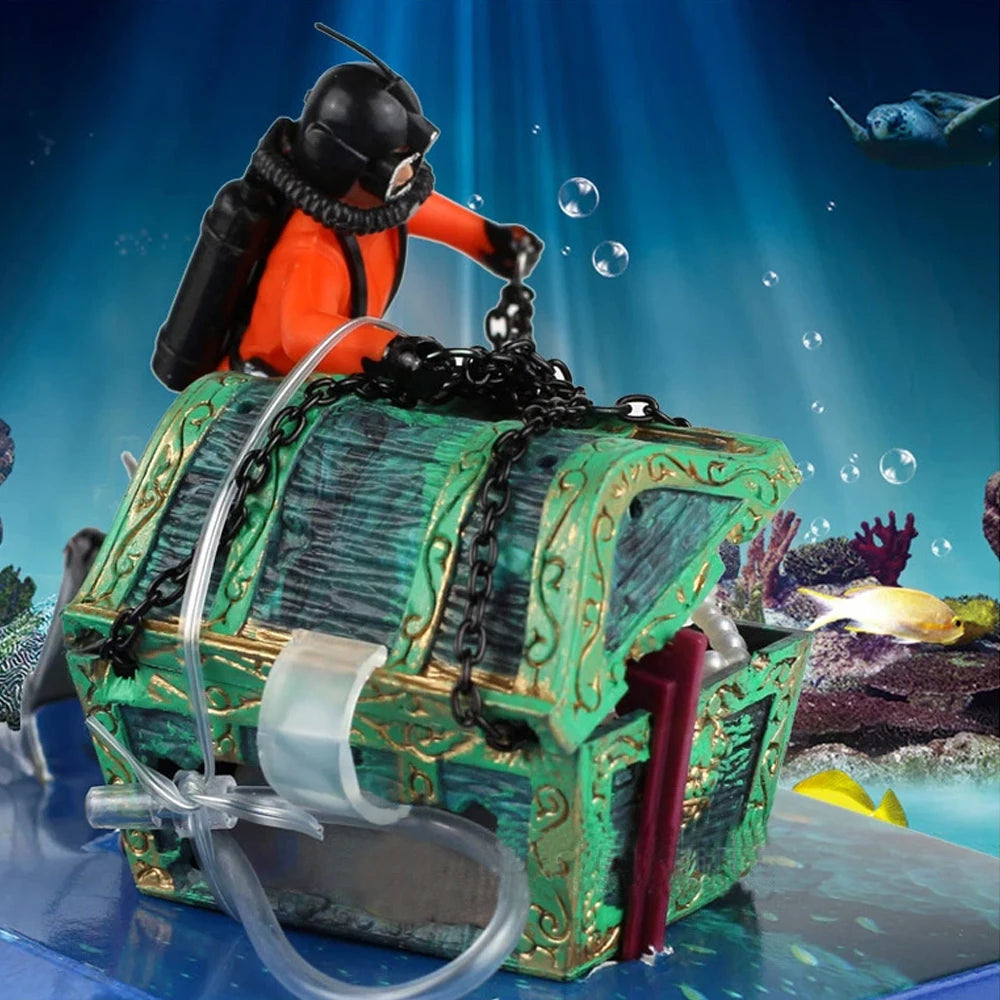 Aquarium-Dekoration Schatztruhe mit Taucher – Luftblasen-Ornament für Aquarien & Fischbecken