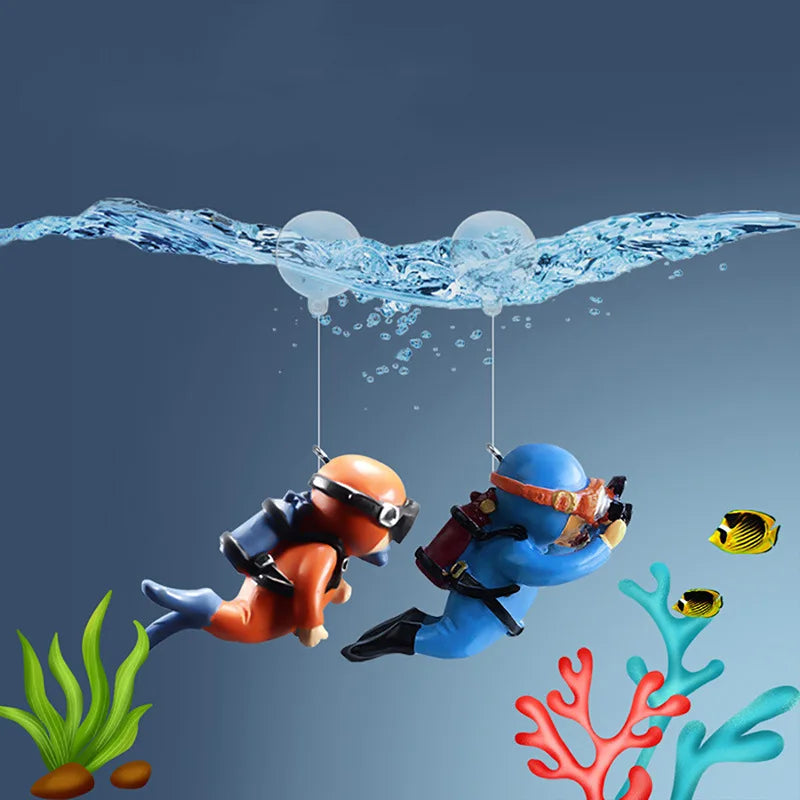 Aquarium Deko Mini-Taucher mit Schwimmkugel – Harz-Ornament, fluoreszierend, inkl. 40 cm Schnur