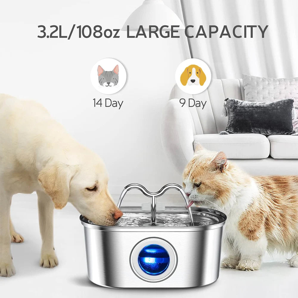 Katzen- & Hunde-Trinkbrunnen 3.2L aus Edelstahl – Leise Pumpe, LED-Licht & Doppelfiltersystem