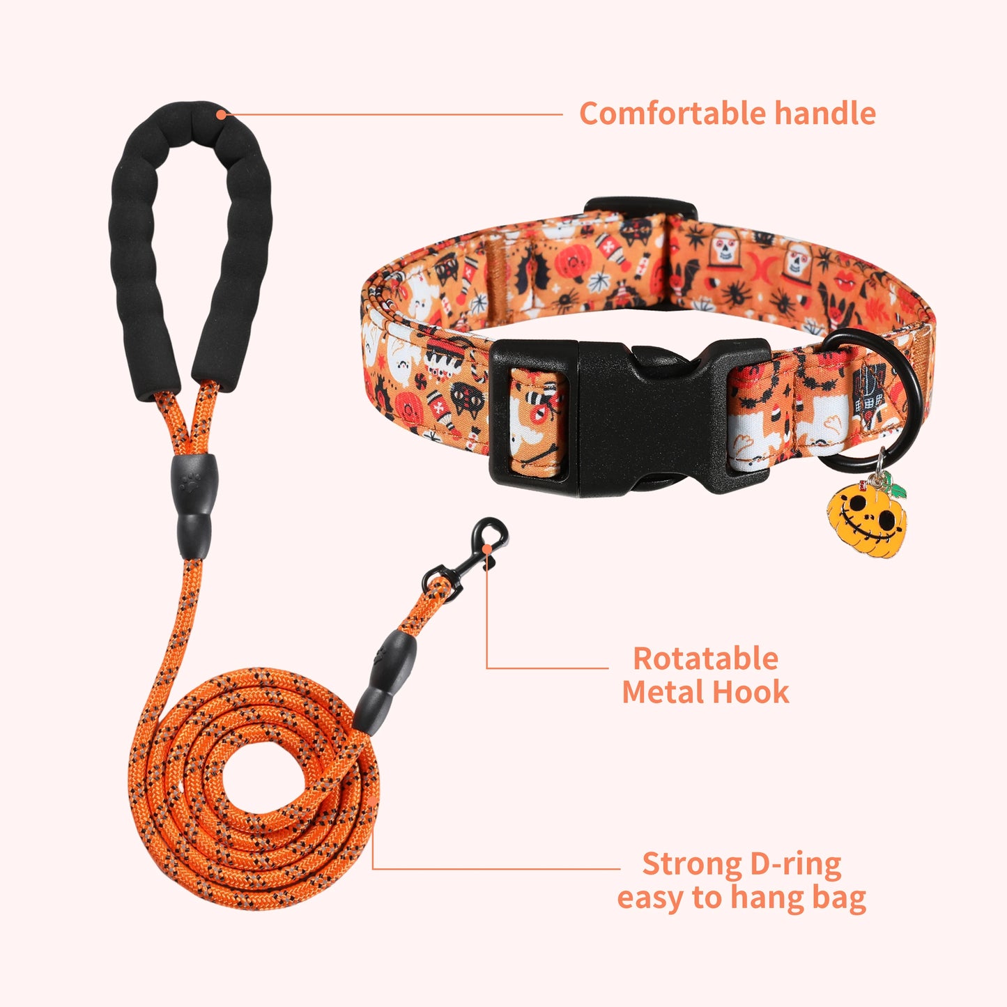🎃🐕 Halloween-Halsband mit Leine für Hunde – Verstellbar, mit Kürbis-Moti