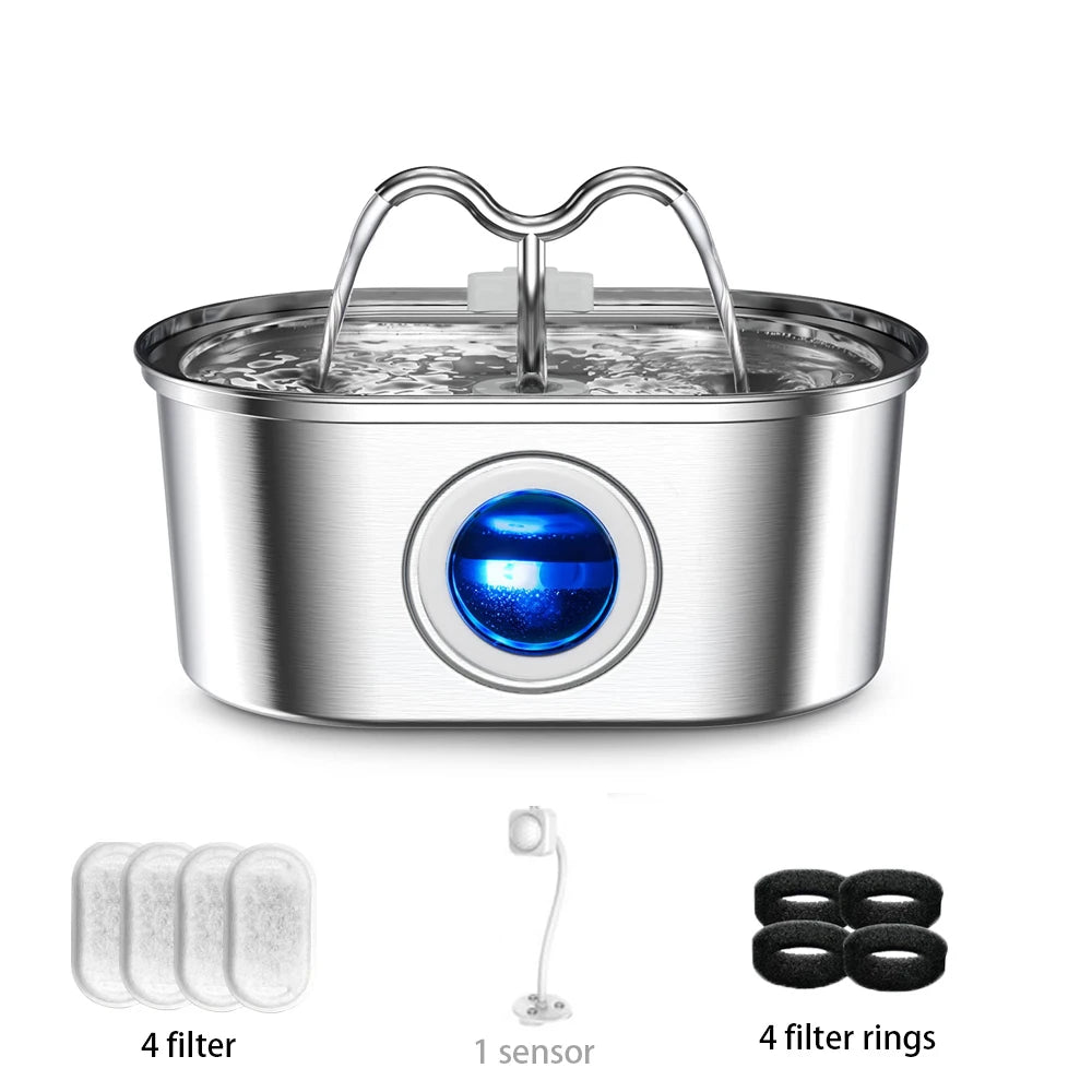 Katzen- & Hunde-Trinkbrunnen 3.2L aus Edelstahl – Leise Pumpe, LED-Licht & Doppelfiltersystem