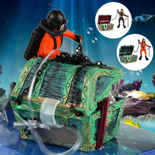 Aquarium-Dekoration Schatztruhe mit Taucher – Luftblasen-Ornament für Aquarien & Fischbecken