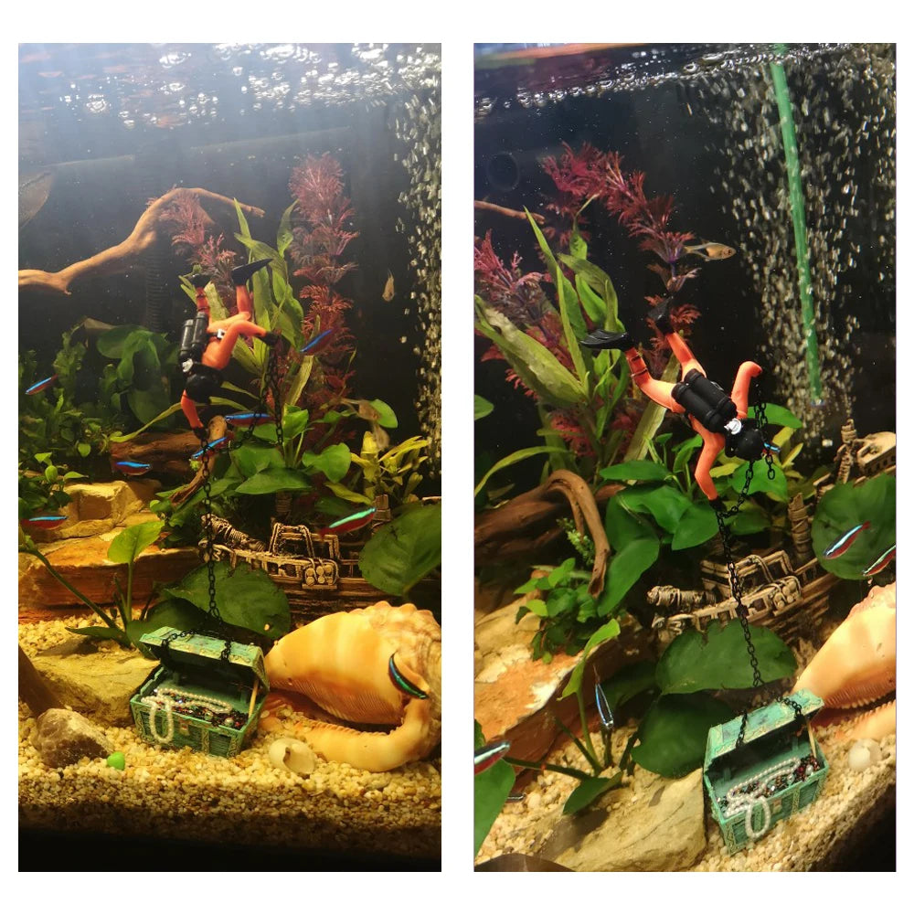 Aquarium-Dekoration Schatztruhe mit Taucher – Luftblasen-Ornament für Aquarien & Fischbecken