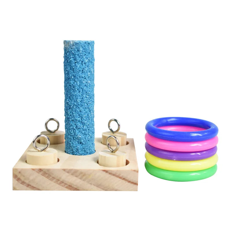 Papageien Lernspielzeug – Holzblock-Puzzle mit bunten Ringen | Intelligenz- & Kauspielzeug für Vögel