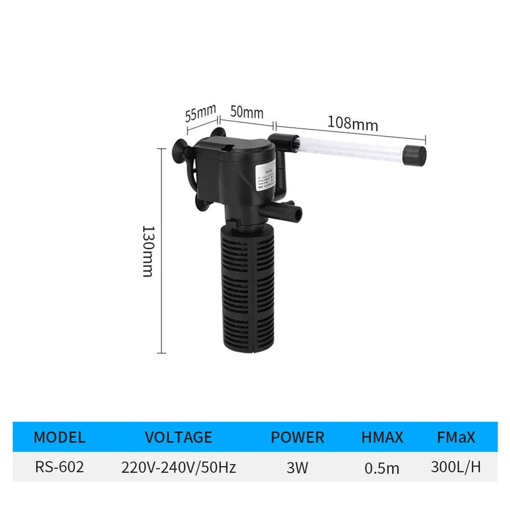 3-in-1 Aquarium Innenfilter – Leiser Unterwasserfilter mit Sauerstoffzufuhr & Wasserreinigung | 300–400 L/h