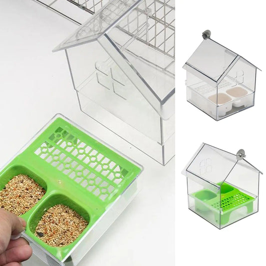Vogelhaus Futterspender mit Badestation – Doppelkammern, Transparent, ABS-Kunststoff, für Balkon & Garten