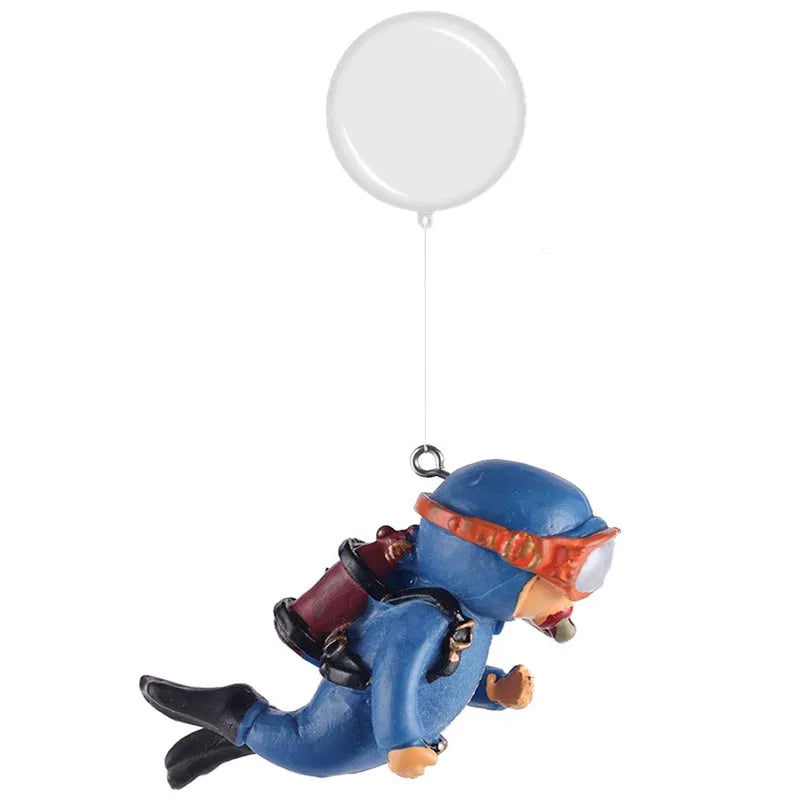 Aquarium Deko Mini-Taucher mit Schwimmkugel – Harz-Ornament, fluoreszierend, inkl. 40 cm Schnur