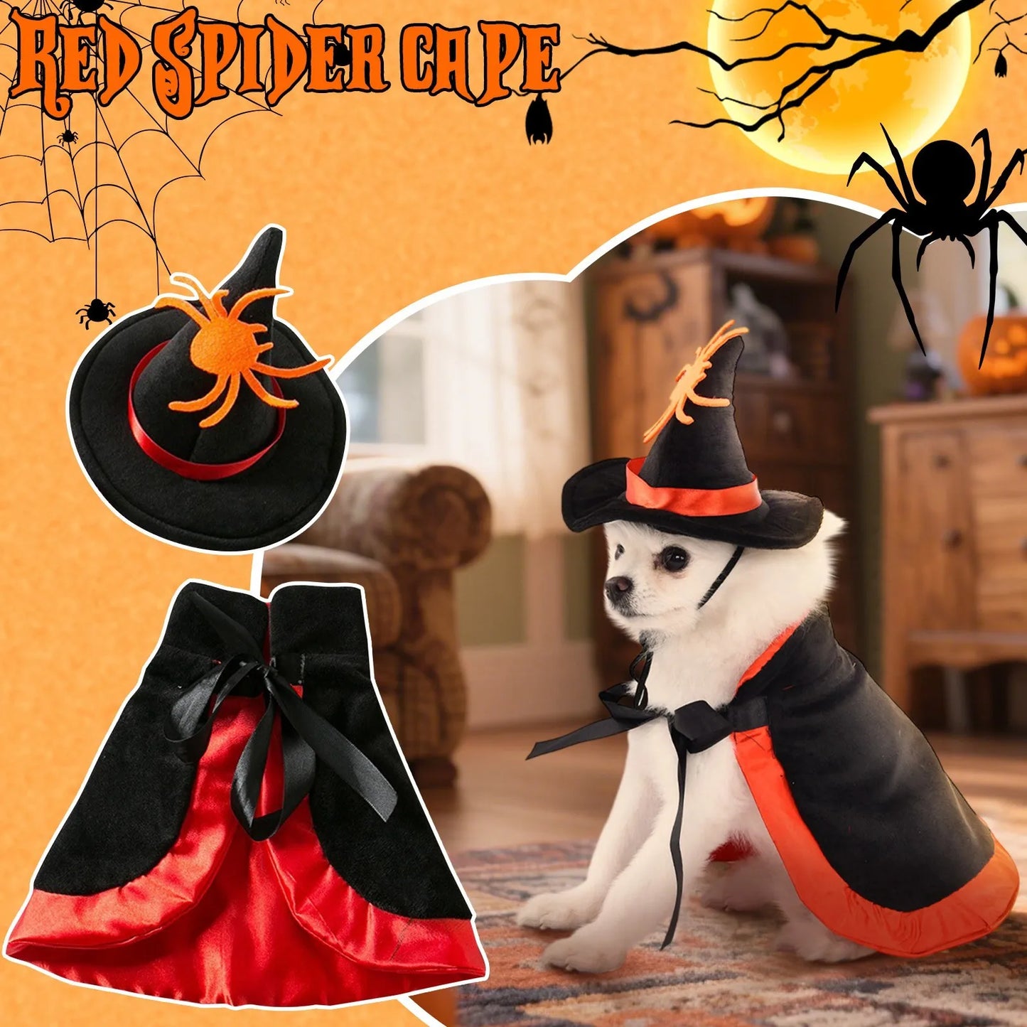 🧙♀️🐕 Halloween Hundecape Kostüm mit Hexenhut – Fledermaus, Kürbis & Spinnenmuster, Schwarz-Orange-Gold