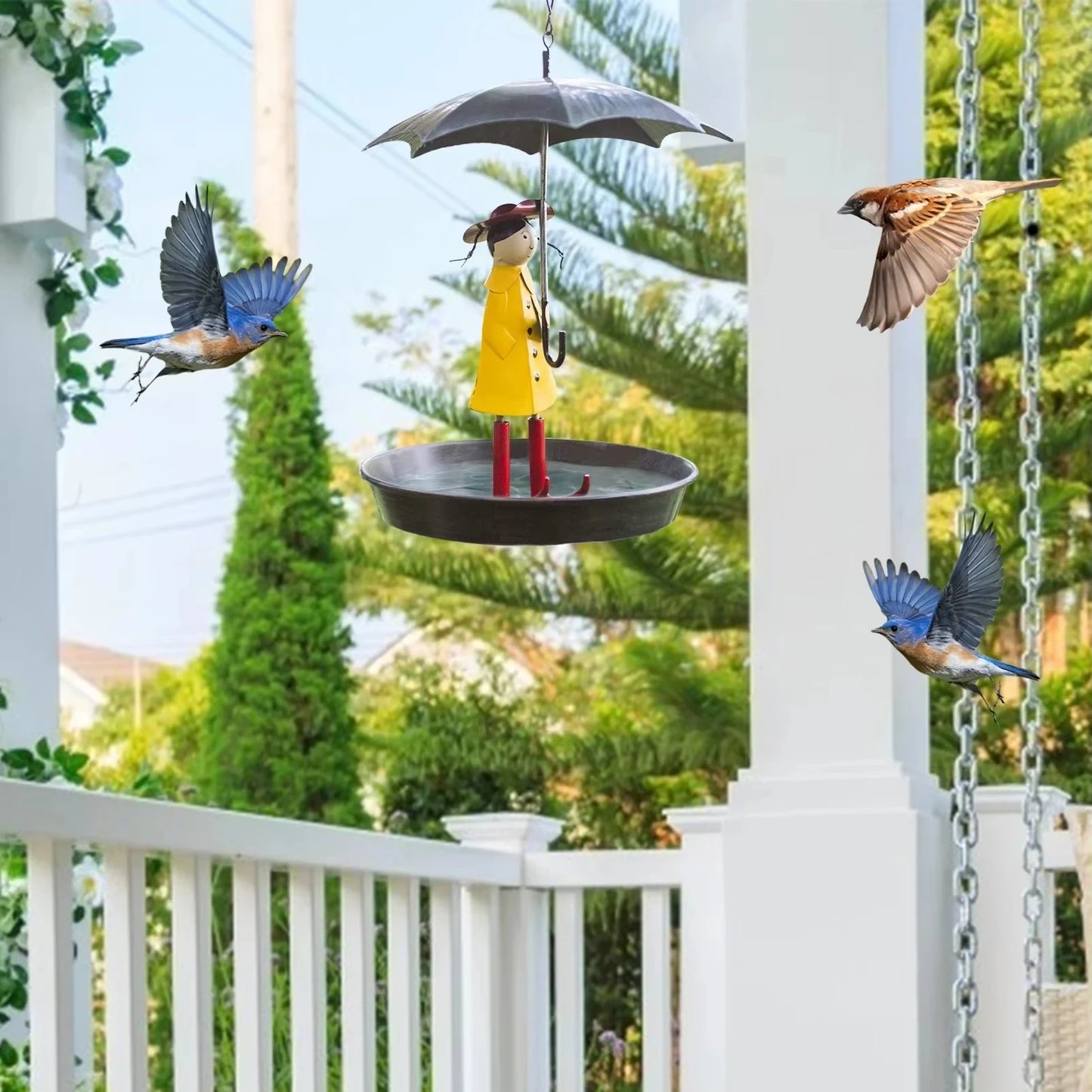 Hängender Vogelfutterspender mit Mädchen & Regenschirm – Outdoor Futterstation für Wildvögel, Garten & Balkon