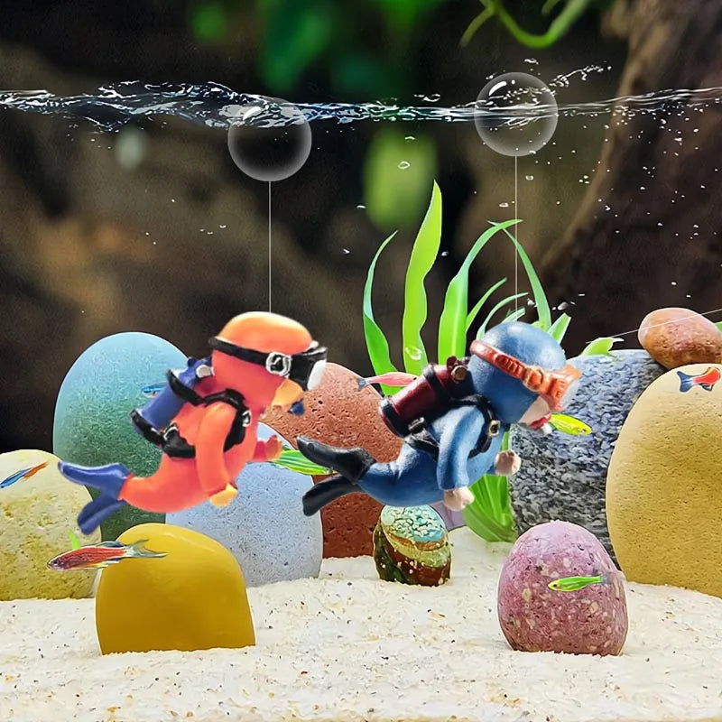 Aquarium Deko Mini-Taucher mit Schwimmkugel – Harz-Ornament, fluoreszierend, inkl. 40 cm Schnur