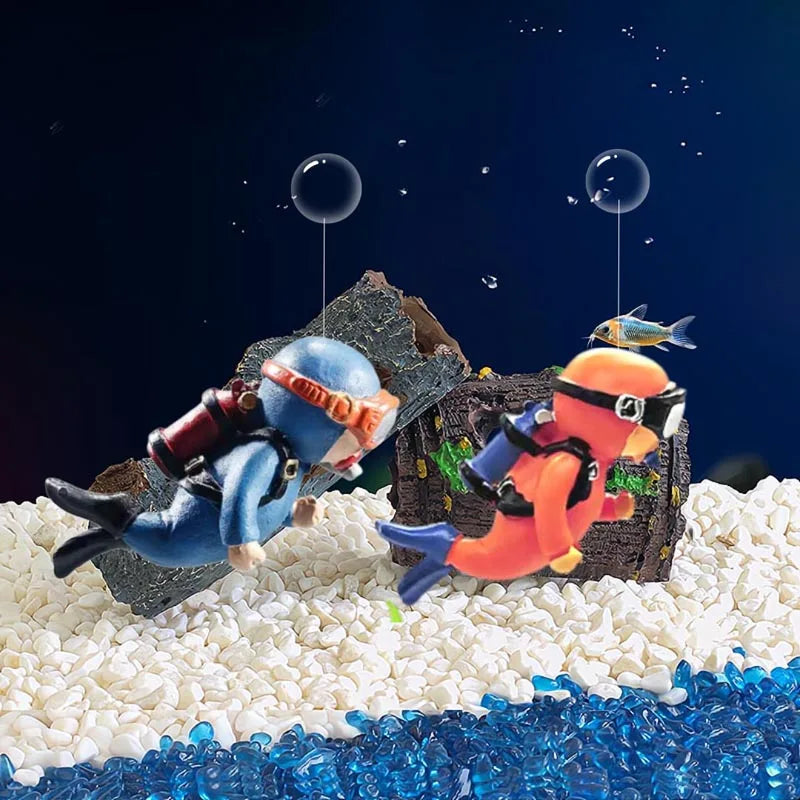 Aquarium Deko Mini-Taucher mit Schwimmkugel – Harz-Ornament, fluoreszierend, inkl. 40 cm Schnur