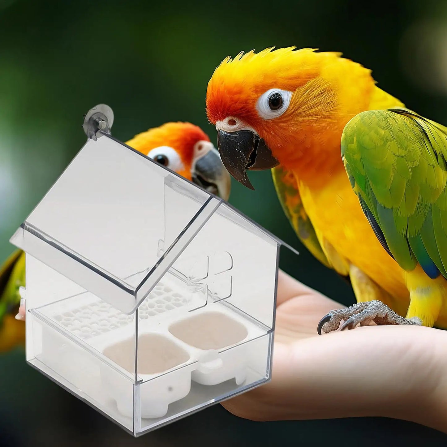 Vogelhaus Futterspender mit Badestation – Doppelkammern, Transparent, ABS-Kunststoff, für Balkon & Garten