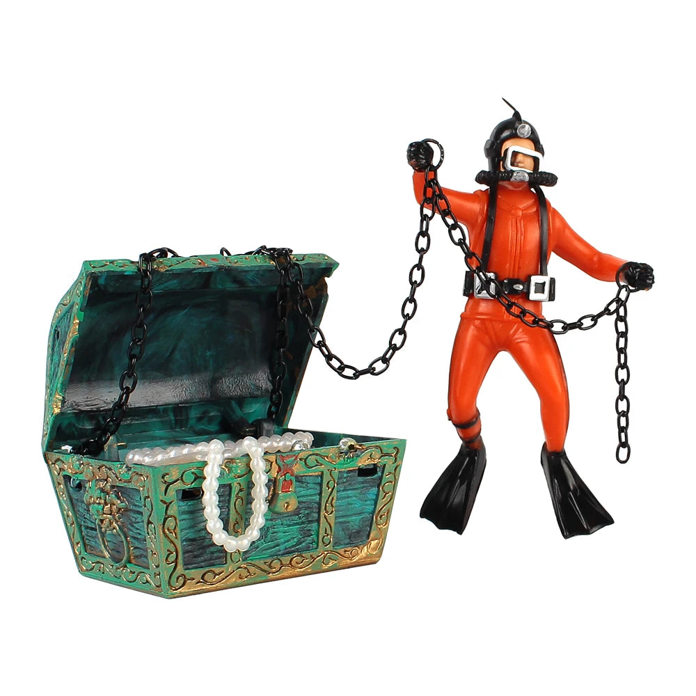 Aquarium-Dekoration Schatztruhe mit Taucher – Luftblasen-Ornament für Aquarien & Fischbecken