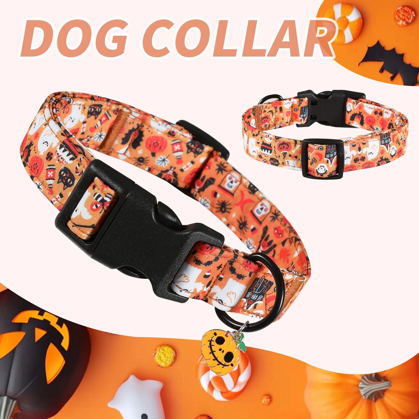 🎃🐕 Halloween-Halsband mit Leine für Hunde – Verstellbar, mit Kürbis-Moti