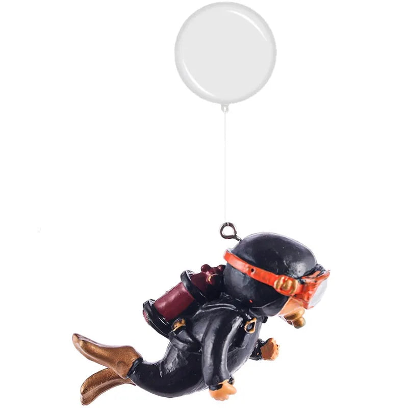 Aquarium Deko Mini-Taucher mit Schwimmkugel – Harz-Ornament, fluoreszierend, inkl. 40 cm Schnur