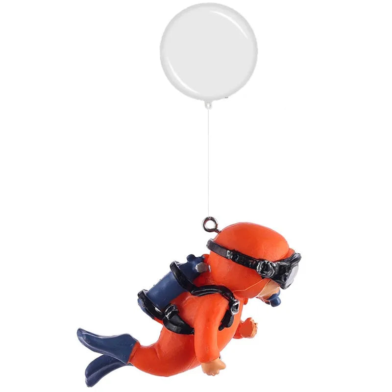 Aquarium Deko Mini-Taucher mit Schwimmkugel – Harz-Ornament, fluoreszierend, inkl. 40 cm Schnur