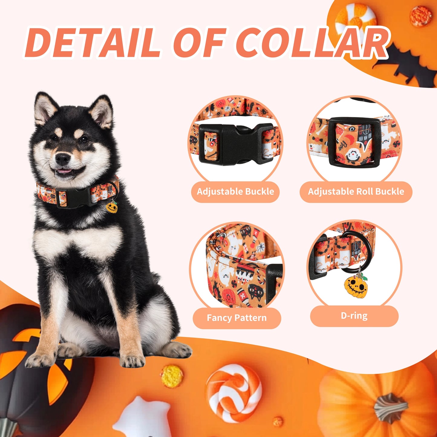 🎃🐕 Halloween-Halsband mit Leine für Hunde – Verstellbar, mit Kürbis-Moti