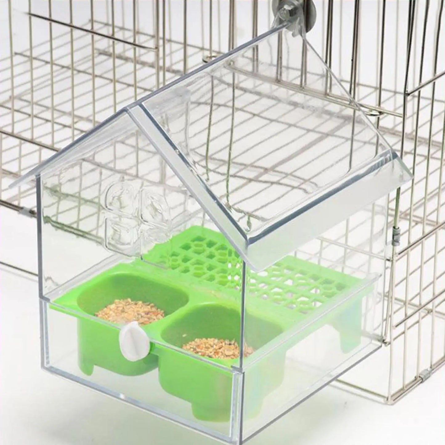 Vogelhaus Futterspender mit Badestation – Doppelkammern, Transparent, ABS-Kunststoff, für Balkon & Garten