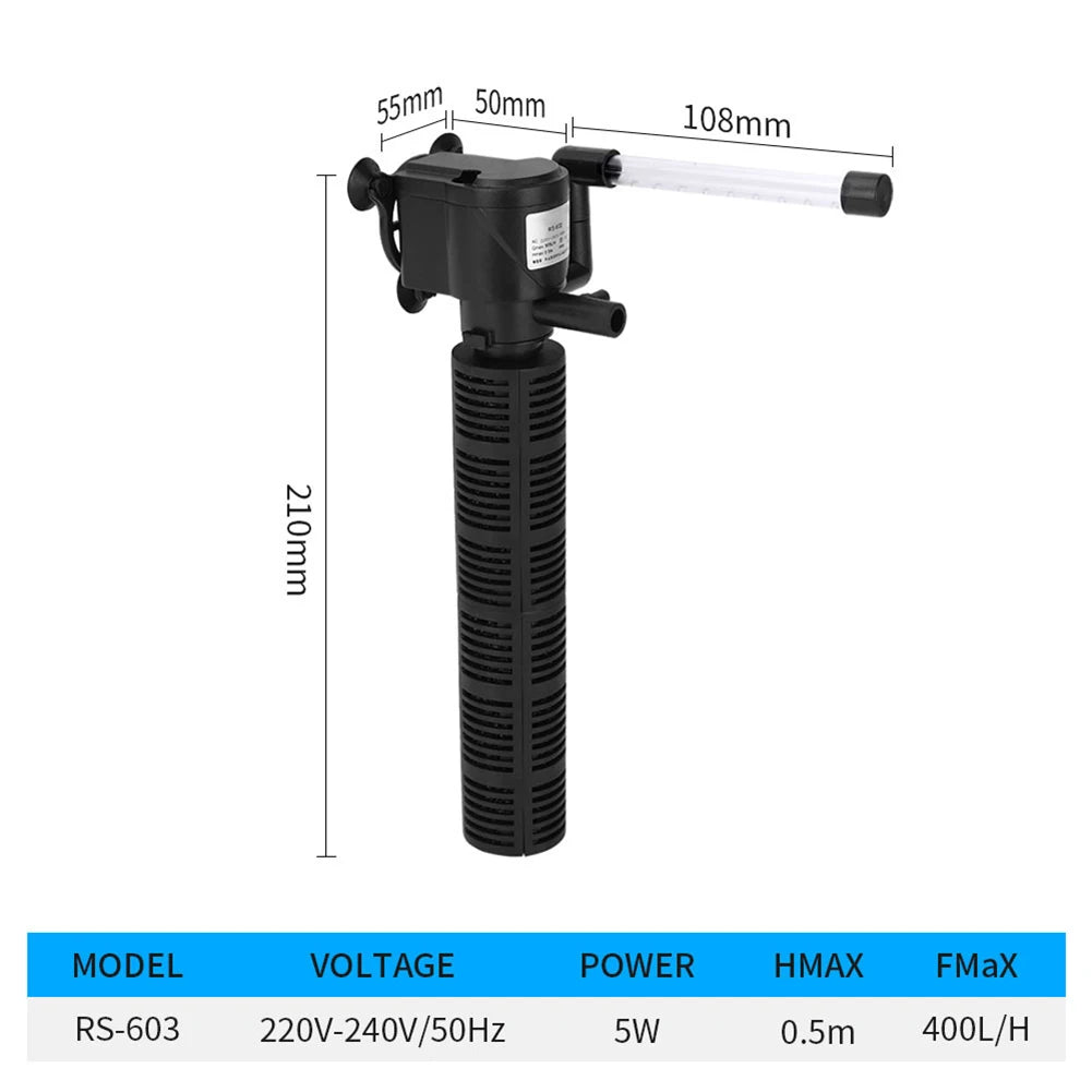 3-in-1 Aquarium Innenfilter – Leiser Unterwasserfilter mit Sauerstoffzufuhr & Wasserreinigung | 300–400 L/h
