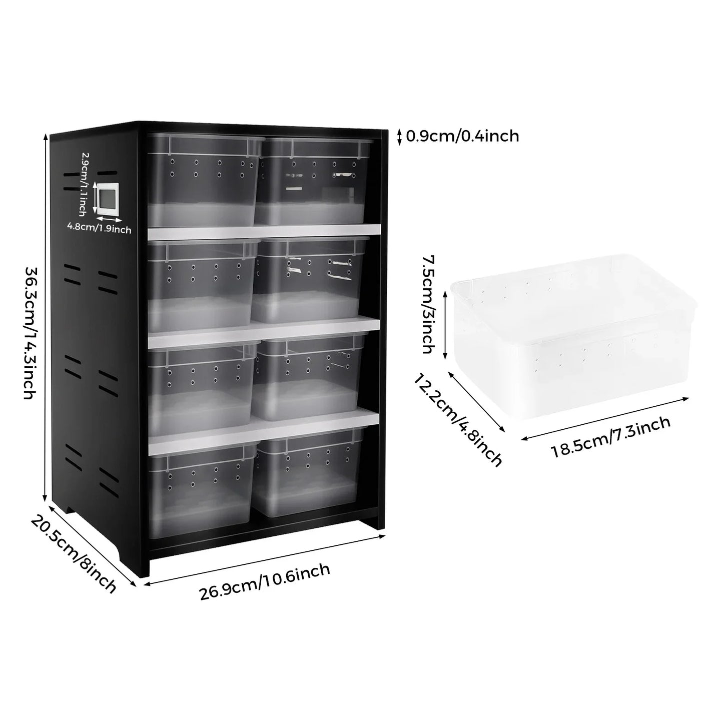 Reptilien-Zuchtterrarium mit 8 Boxen – Inklusive 25W Heizmatte & Thermometer | Platzsparendes Aufzucht-Cabinet für Spinnen, Echsen & kleine Reptilien