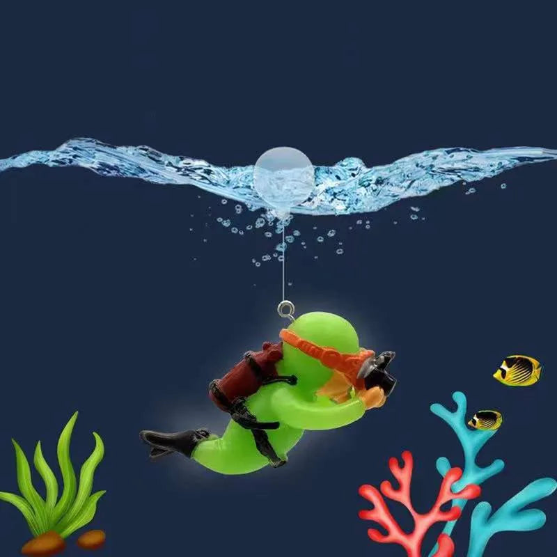 Aquarium Deko Mini-Taucher mit Schwimmkugel – Harz-Ornament, fluoreszierend, inkl. 40 cm Schnur