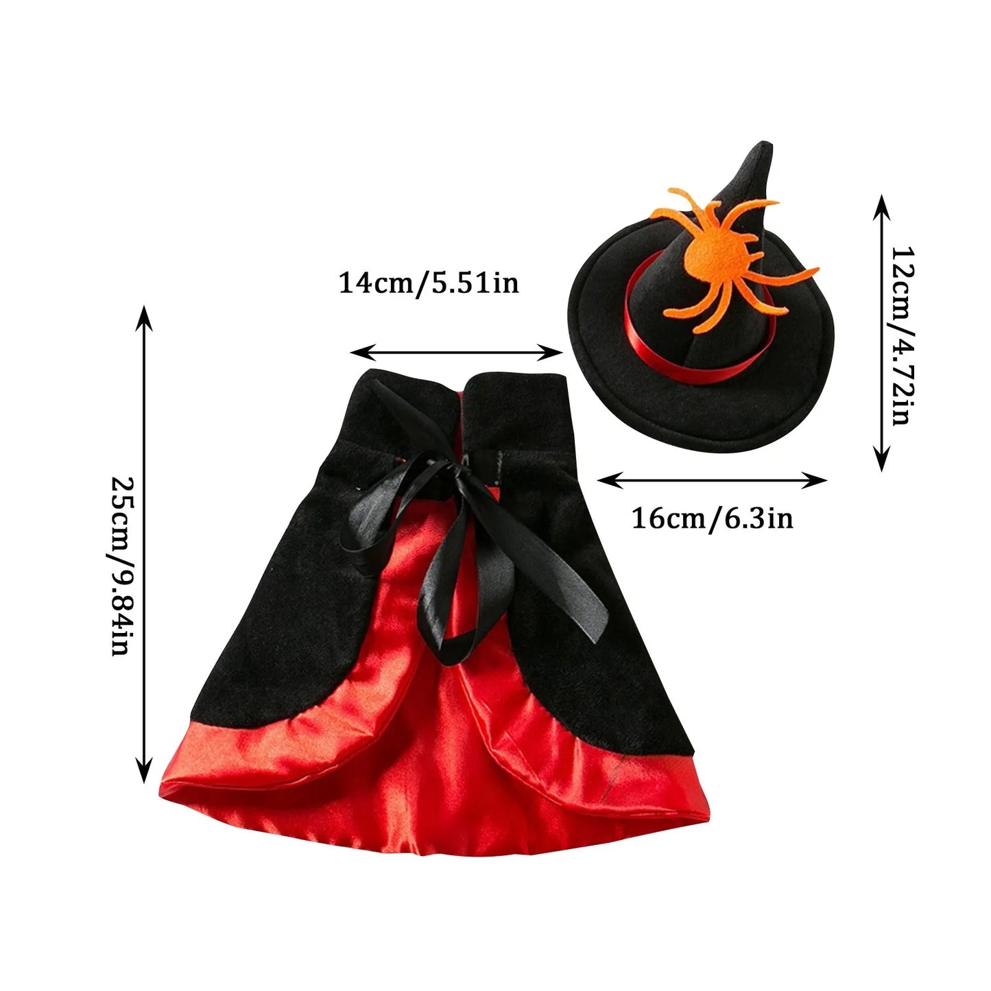 🧙♀️🐕 Halloween Hundecape Kostüm mit Hexenhut – Fledermaus, Kürbis & Spinnenmuster, Schwarz-Orange-Gold