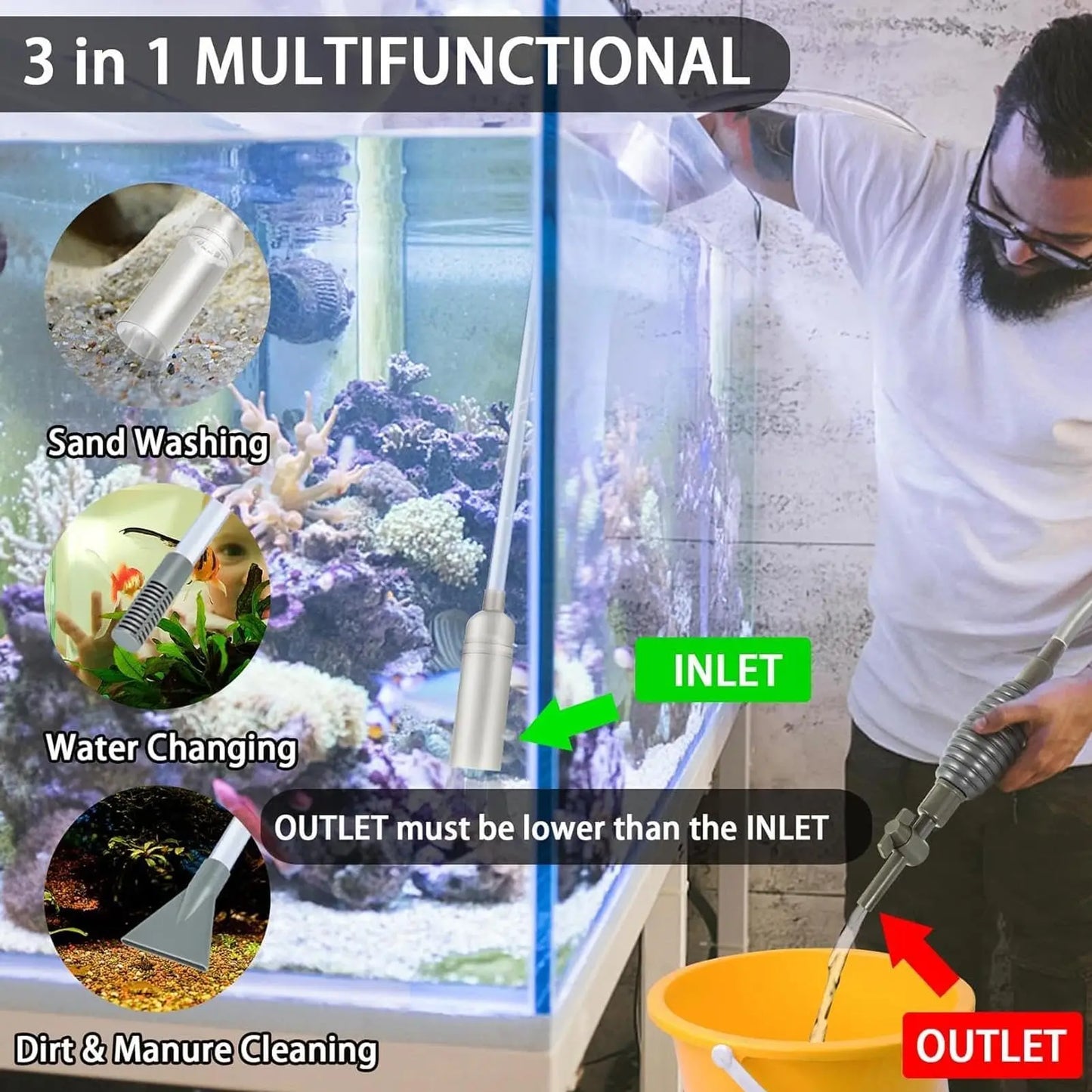 Aquarium Siphon Reinigungs-Set – 3-in-1 Kiesreiniger, Mulmsauger & Wasserwechsel-Tool | Mit Verlängerungsschlauch