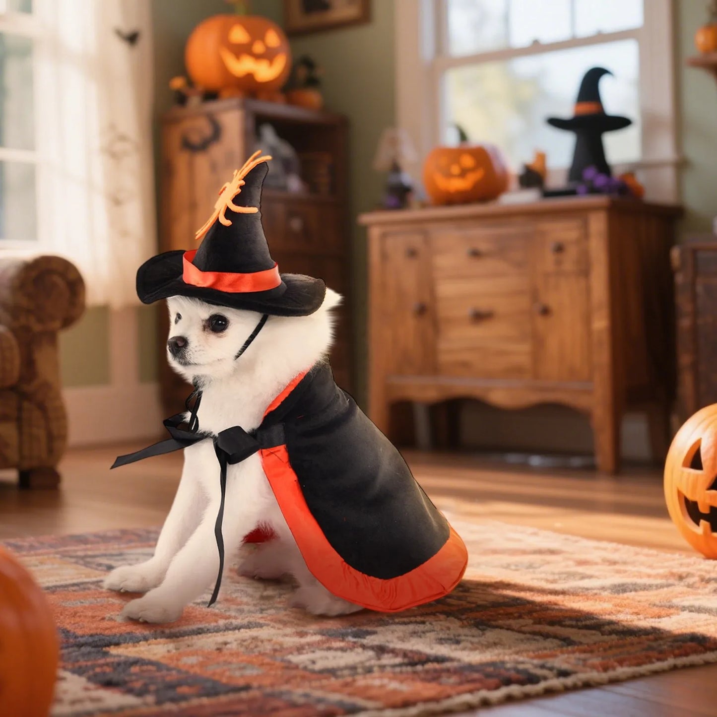 🧙♀️🐕 Halloween Hundecape Kostüm mit Hexenhut – Fledermaus, Kürbis & Spinnenmuster, Schwarz-Orange-Gold