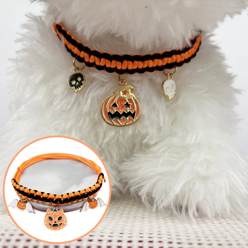 🐶🎃 Halloween-Haustierhalsband – Handgewebt mit Kürbis-Anhänger für Hunde & Katzen
