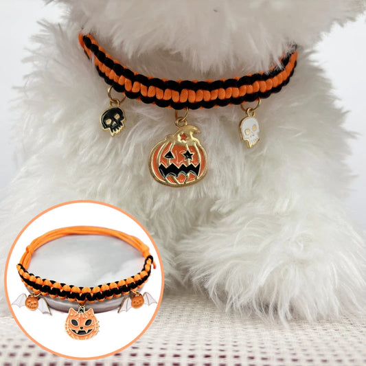 🐶🎃 Halloween-Haustierhalsband – Handgewebt mit Kürbis-Anhänger für Hunde & Katzen