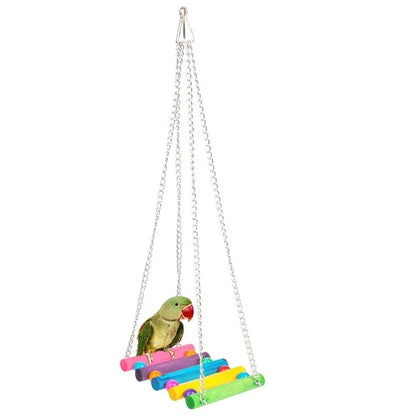 Bunte Vogel-Schaukel aus Holz – Hängematte & Kletterspielzeug für Wellensittiche, Nymphensittiche & kleine Papageien