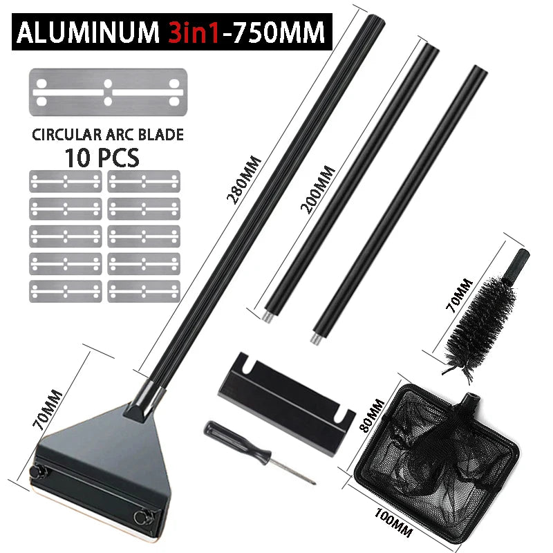 Aquarium Algenreiniger – Edelstahl & Aluminium Schaber | 3-in-1 Glasreiniger mit Klinge, Bürste & Netz