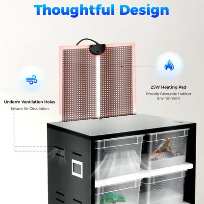 Reptilien-Zuchtterrarium mit 8 Boxen – Inklusive 25W Heizmatte & Thermometer | Platzsparendes Aufzucht-Cabinet für Spinnen, Echsen & kleine Reptilien