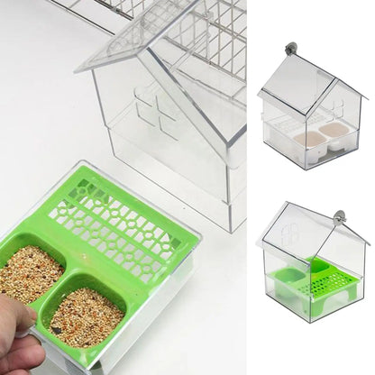 Vogelhaus Futterspender mit Badestation – Doppelkammern, Transparent, ABS-Kunststoff, für Balkon & Garten