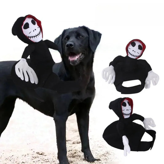 💀🐶 Halloween Hundekostüm "Sensenmann auf dem Rücken" – Verstellbares Skelett-Reiter-Outfit für Hunde