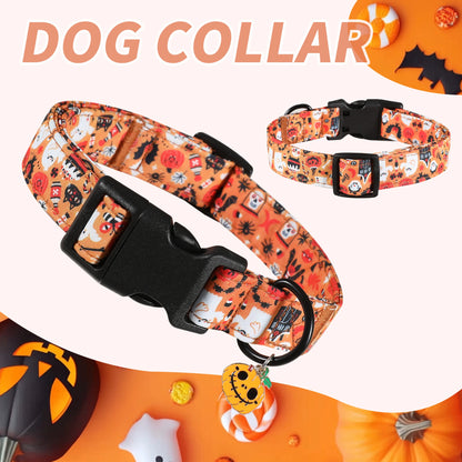 🎃🐕 Halloween-Halsband mit Leine für Hunde – Verstellbar, mit Kürbis-Moti