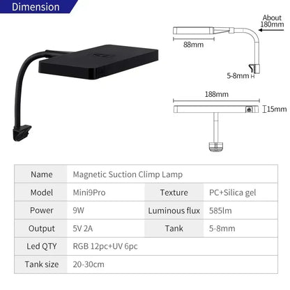 WEEK AQUA Mini 9 PRO – USB Aquarium LED Lampe | Vollspektrum Pflanzenlicht mit Bluetooth & App-Steuerung