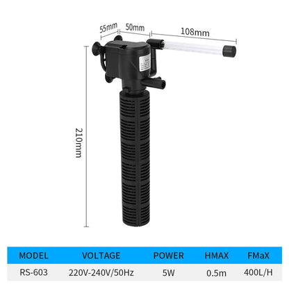 3-in-1 Aquarium Innenfilter – Leiser Unterwasserfilter mit Sauerstoffzufuhr & Wasserreinigung | 300–400 L/h
