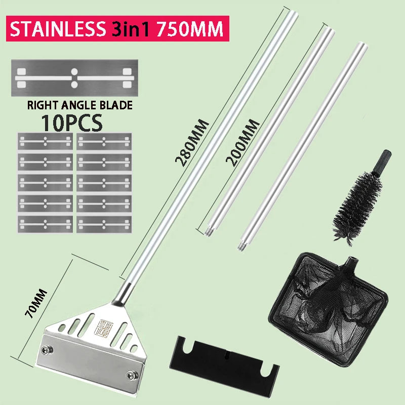 Aquarium Algenreiniger – Edelstahl & Aluminium Schaber | 3-in-1 Glasreiniger mit Klinge, Bürste & Netz