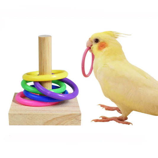 Papageien Lernspielzeug – Holzblock-Puzzle mit bunten Ringen | Intelligenz- & Kauspielzeug für Vögel